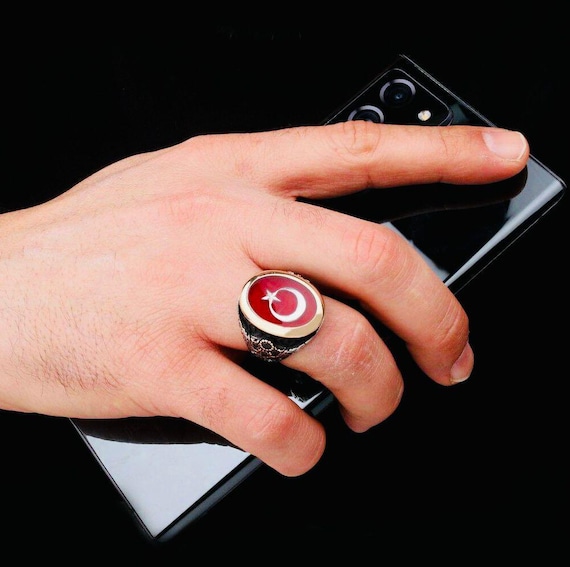 925 Sterling Silver Men’s Ring with Red Enamel Crescent & Star Design – Handmade