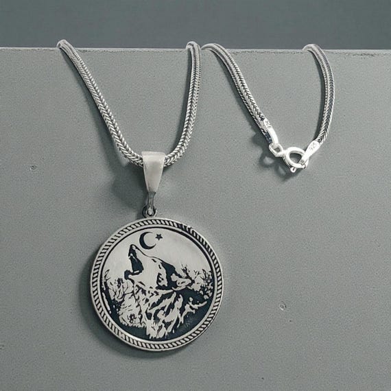 925 Sterling Silver Wolf & Crescent Star Pendant  Turkish Bozkurt Symbol Necklace