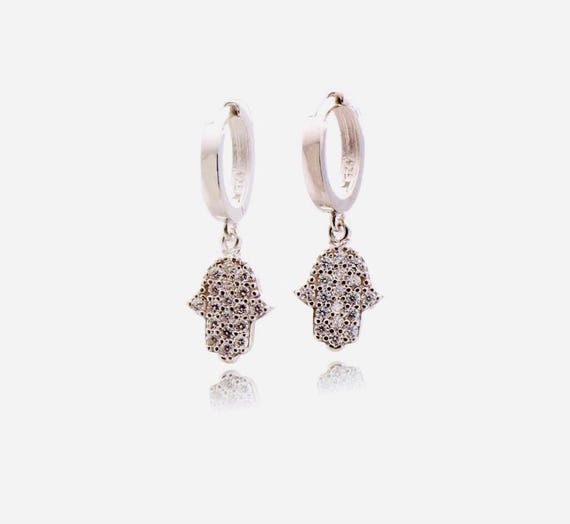 925 Sterling Silver Zircon Hamsa Hand Earrings – 2.5 g