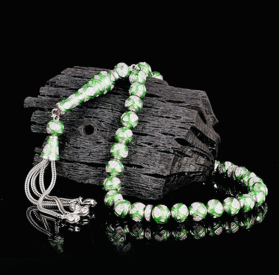 925 Sterling Silver Misbaha – Green Enamel with Zircon  – 7.5 mm