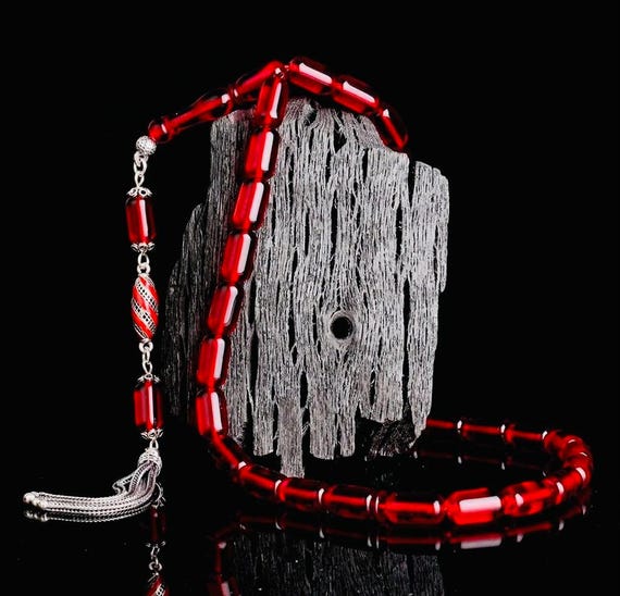 Red Amber Tasbih – Capsule Cut with 925 Silver Tassel