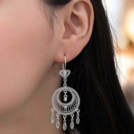 Filigree Circle Dangle Earrings for Women 925 Sterling Silver Handmade Turkish Jewelry