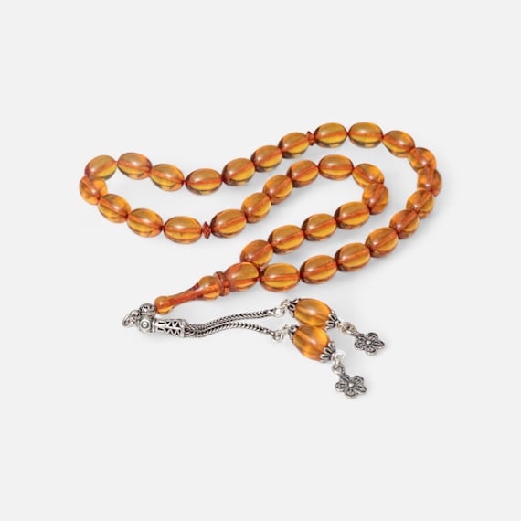 Silver Tassel Fire Amber Misbaha – Handmade Prayer Beads 30 cm Oval Cut