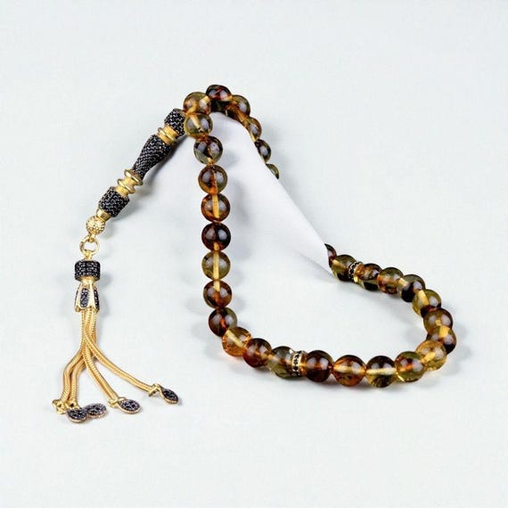 Gold Plated Silver Tassel Amber Misbaha with Zircon Stones