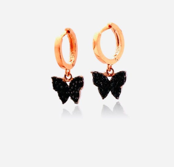 925 Sterling Silver Butterfly Earrings with Black Zircon Stones – 2.5 g