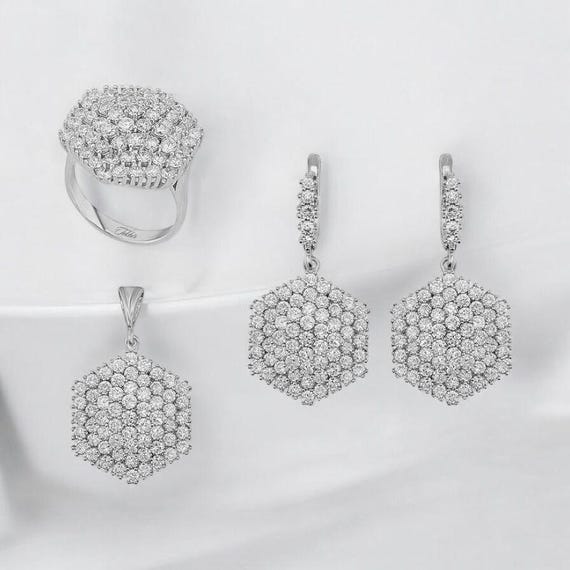 Hexagon Cubic Zirconia Jewelry Set for Women 925 Sterling Silver Rhodium Plated Set