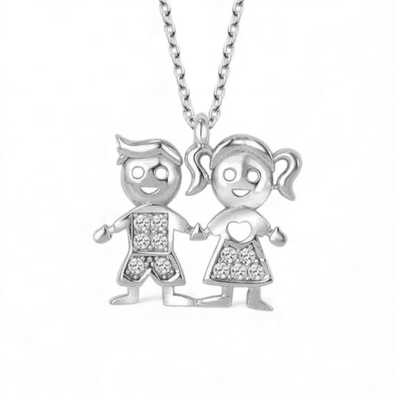 925 Sterling Silver Family Kids Pendant Necklace – Mother Gift, Sparkly Girl Boy Charm Jewelry