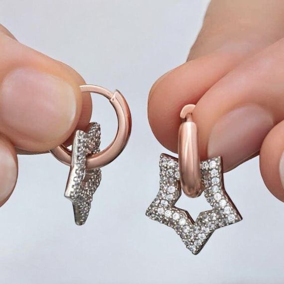 Rose Gold Star Dangle Earrings for Women 925 Sterling Silver Cubic Zirconia Jewelry