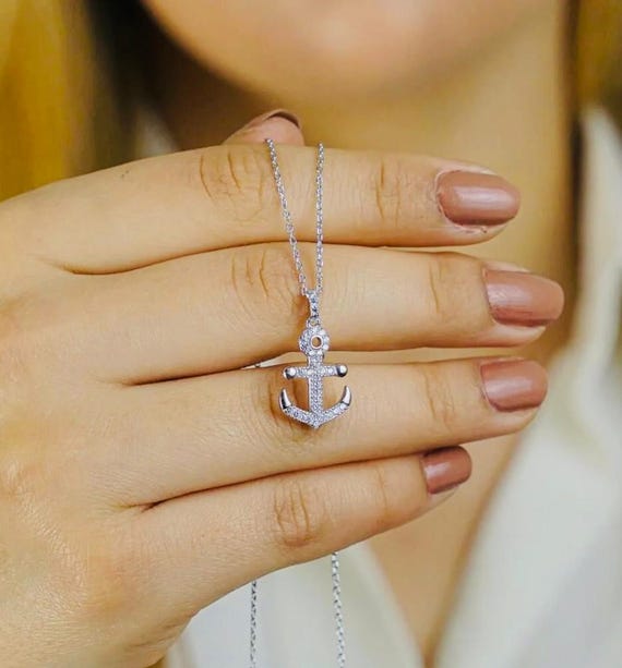 925 Sterling Silver Anchor Necklace with White Zircon Stones – Elegant Pendant