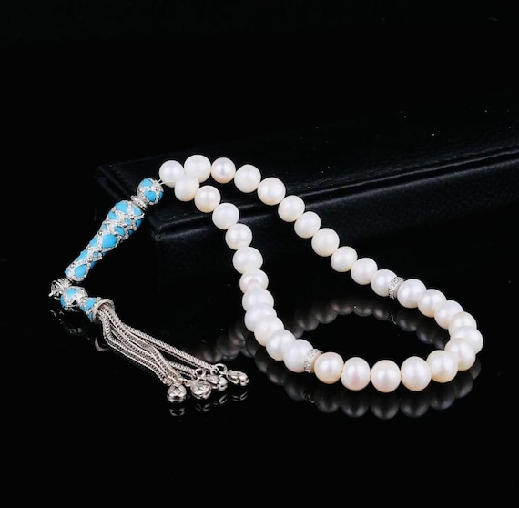 Turquoise Zircon Silver Tassel Pearl Misbaha – Wrist Size Prayer Beads