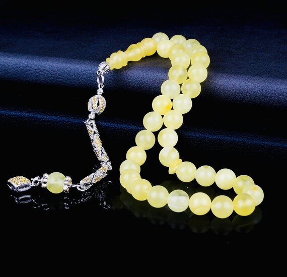 Damla Amber Misbaha with Zircon Stone – Silver Tassel