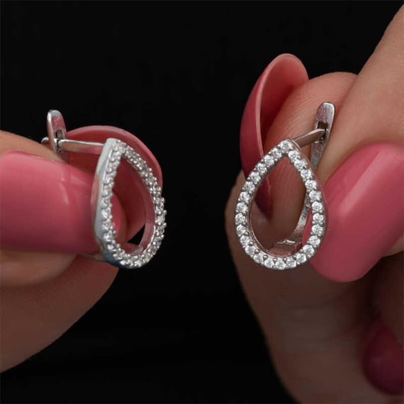 Teardrop Earrings for Women 925 Sterling Silver Rhodium Plated Cubic Zirconia Earrings
