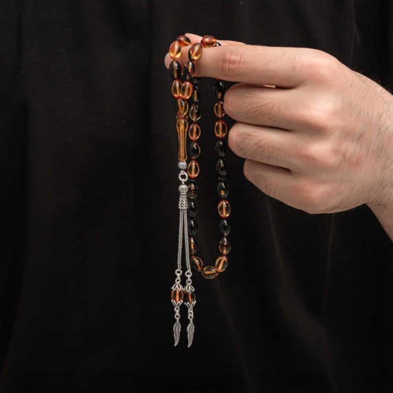 Silver Tassel Pressed Amber Prayer Beads Handmade Turkish Misbaha