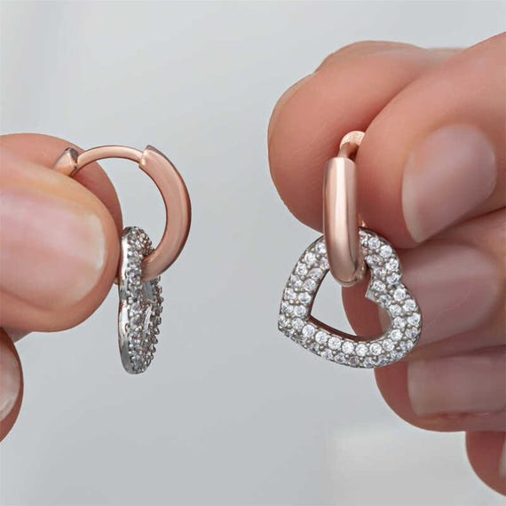 Rose Gold Heart Dangle Earrings for Women 925 Sterling Silver Cubic Zirconia Jewelry