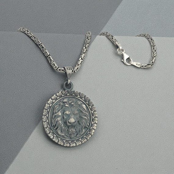 925 Sterling Silver Lion Pendant with King Chain – Men’s Necklace
