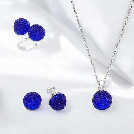 Navy Blue Crystal Sterling Silver Jewelry Set Adjustable Women’s 925 Silver