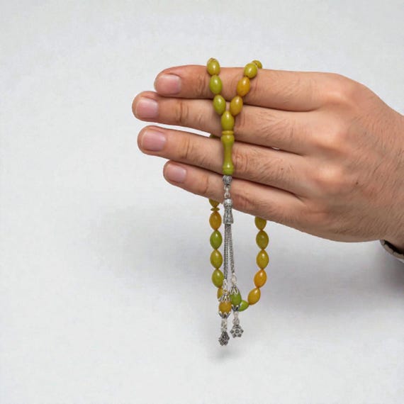 Green Sıkma Amber Misbaha with Sterling Silver Tassel Handmade Worry Beads