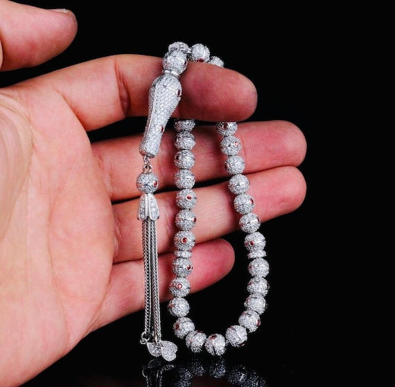 925 Sterling Silver Tasbih – Red White Zircon – 7.6 mm