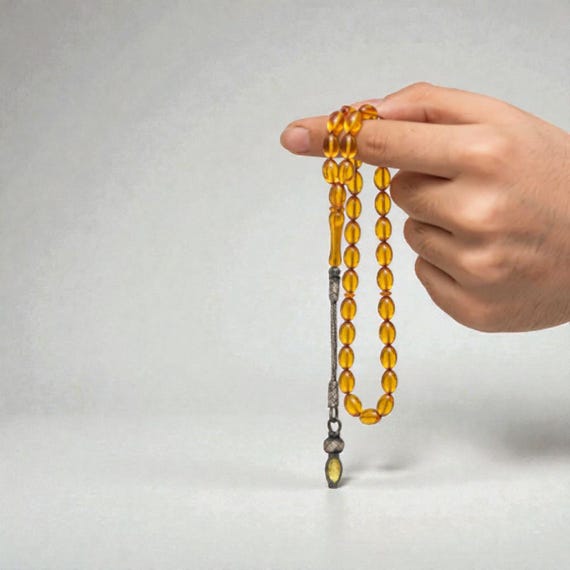 Handmade Baltic-Style Pressed Amber Prayer Beads with 1000 Silver Kazaz Tassel