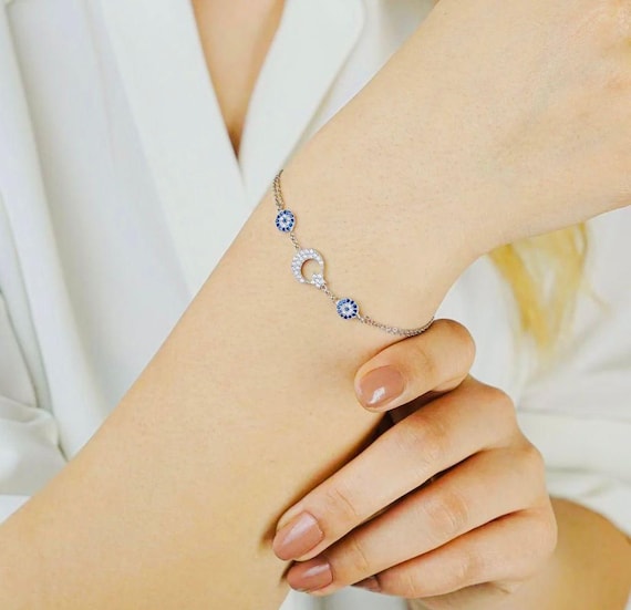 925 Sterling Silver Evil Eye Moon and Star Bracelet