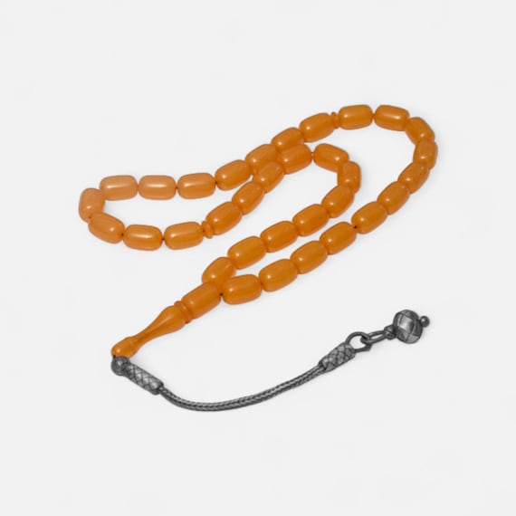 Silver Kazaz Tassel Capsule Amber Prayer Beads – Handmade Misbaha – Islamic Gift for Men