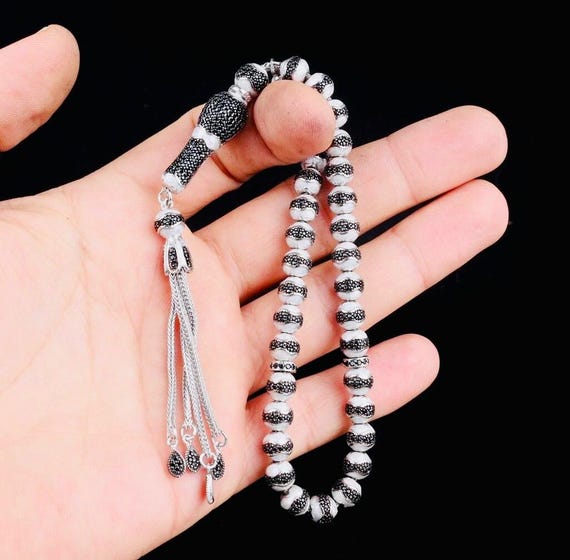925 Sterling Silver Tasbih – Grey Enamel with Zircon– 7.3 mm