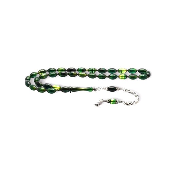 Handmade Olive Cut Silver Tassel Green Amber Prayer Beads