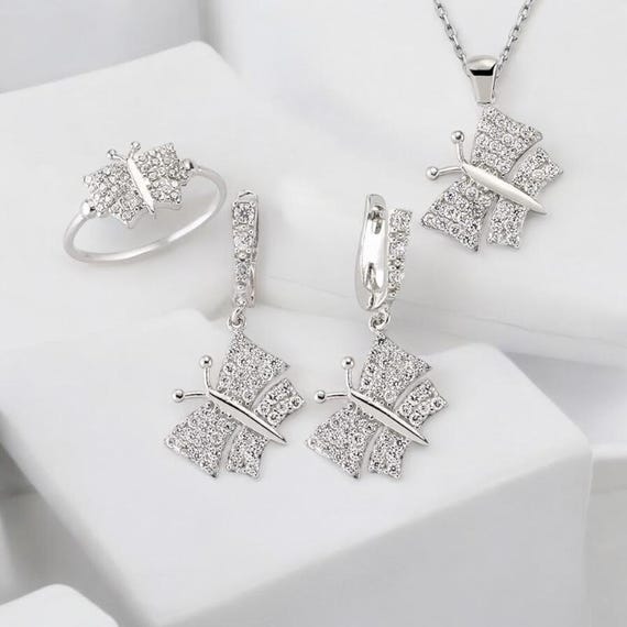 Butterfly Jewelry Set for Women 925 Sterling Silver Cubic Zirconia Necklace Earrings