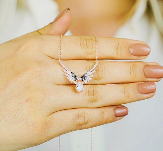 925 Sterling Silver Angel Wings Necklace with Teardrop Stone – Rose Gold Plated
