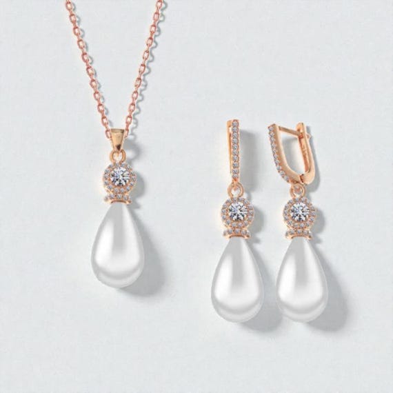 Rose Gold Sterling Silver Pearl Jewelry Set Teardrop Pearl Necklace and Earrings