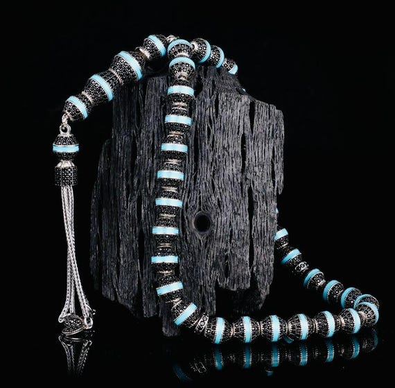 925 Sterling Silver Misbaha – Turquoise Enamel Zircon – 7.6 mm – 26 cm