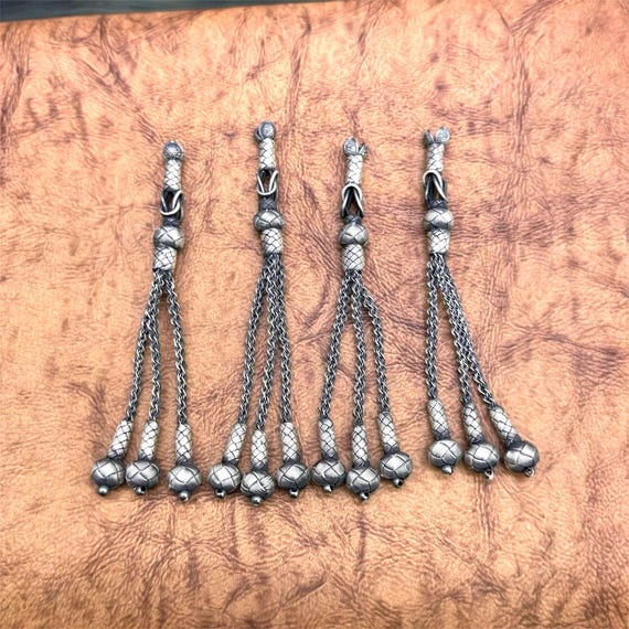 925 Sterling Silver Handmade Oxidized Kazaz Weave Tassel Ottoman Style Silver Tasbih Accessory