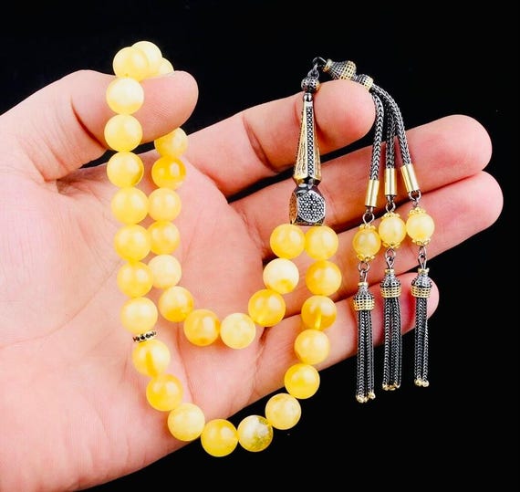 925 Sterling Silver Tassel Misbaha – Double Color Amber – 10 mm Round Beads – 31 cm