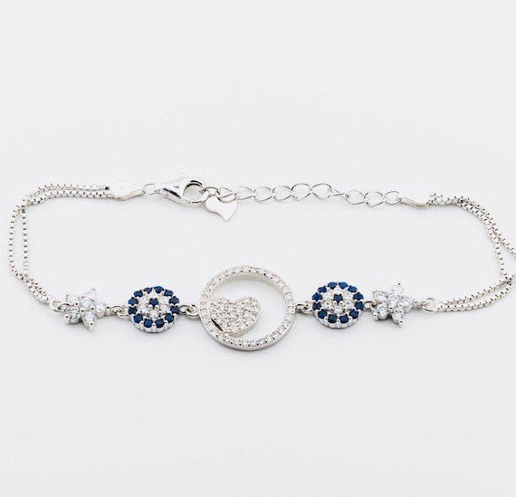 925 Sterling Silver Evil Eye Heart Bracelet with Zircon Stones