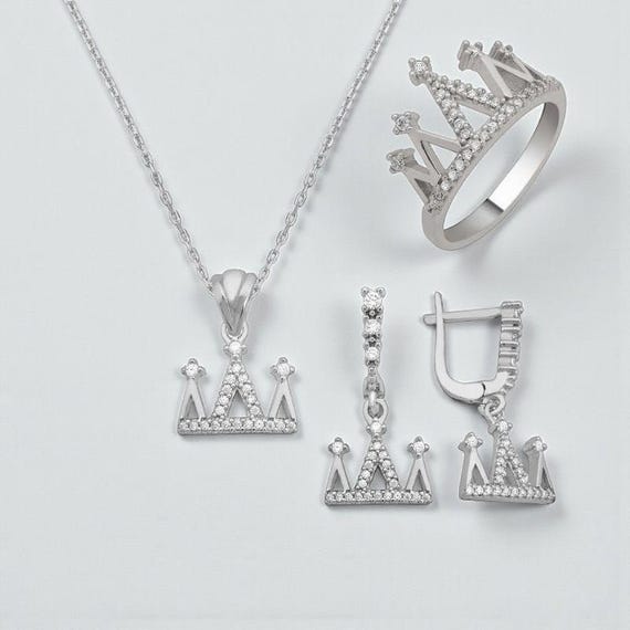 Queen Crown Jewelry Set for Women – 925 Sterling Silver Cubic Zirconia Necklace, Ring & Earrings