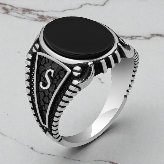 925 Sterling Silver Men’s Ring with Black Onyx Stone and Custom Initial