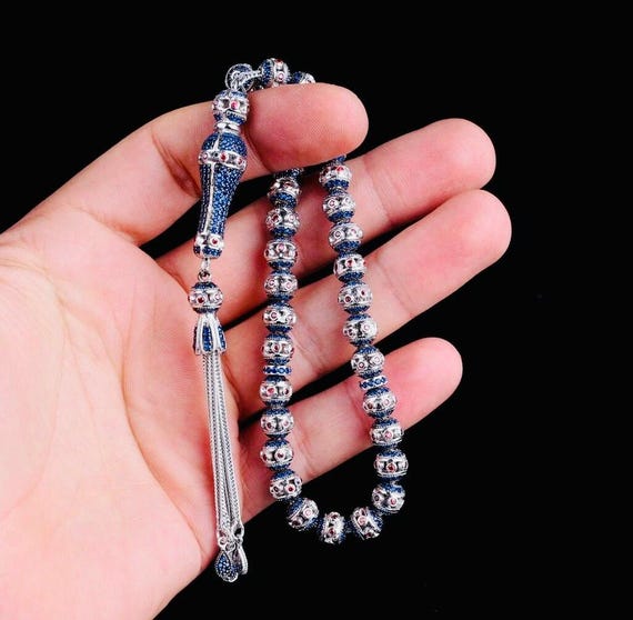 925 Sterling Silver Tasbih – Blue Zircon Beads – 7.7 mm