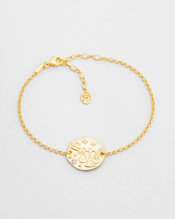 Libra Zodiac Gold Plated Silver Bracelet Adjustable Horoscope Jewelry Gift