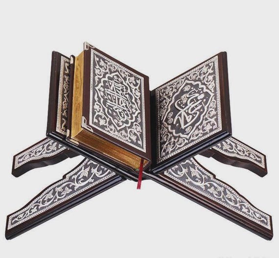 Large Silver Plated Holy Quran with Wooden Rahle Islamic Gift Set