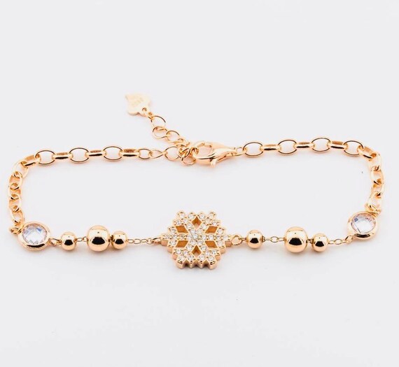 925 Sterling Silver Snowflake Bracelet with Zircon Stones – Rose Gold Plated