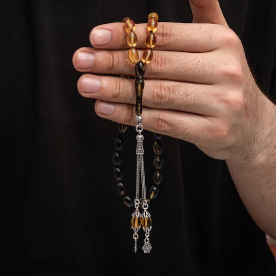 Silver Tassel Pressed Amber Prayer Beads Handmade Misbaha