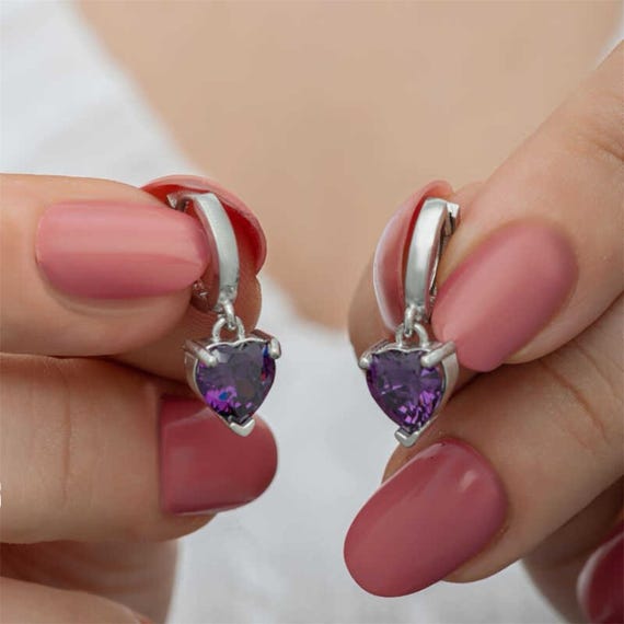Purple Heart Earrings for Women | 925 Sterling Silver Cubic Zirconia Heart