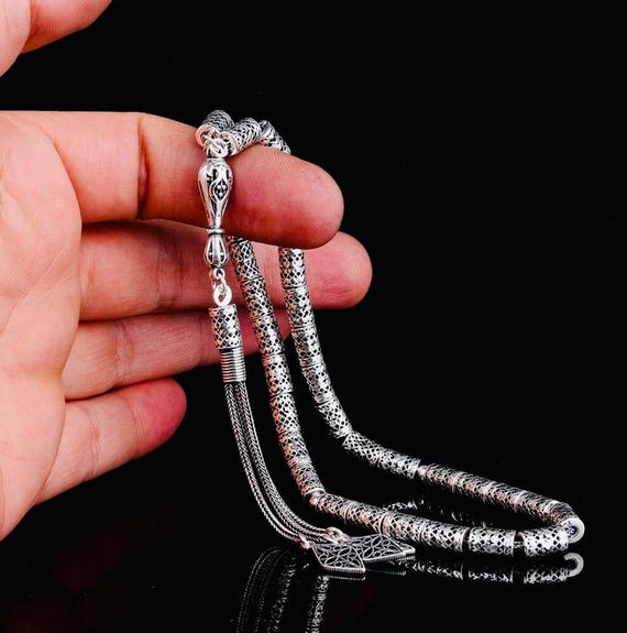 925 Sterling Silver Cylinder Cut Tasbih - 33 Bead Islamic Prayer Beads arya silver