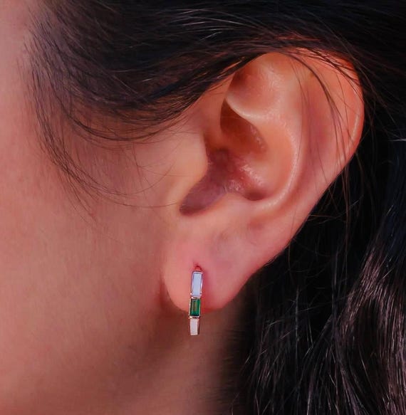 925 Sterling Silver Hoop Earrings with Green Baguette Zircon – Rose Gold Plated
