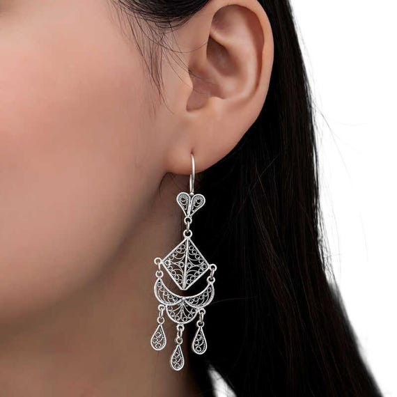 Handmade Filigree Dangle Earrings for Women 925 Sterling Silver Mardin Style Jewelry