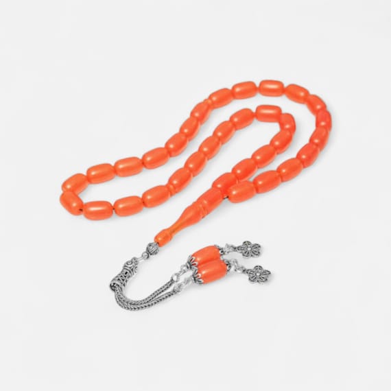 Amber Misbaha Silver Tassel Orange Barrel Cut Tesbih Gift for Men