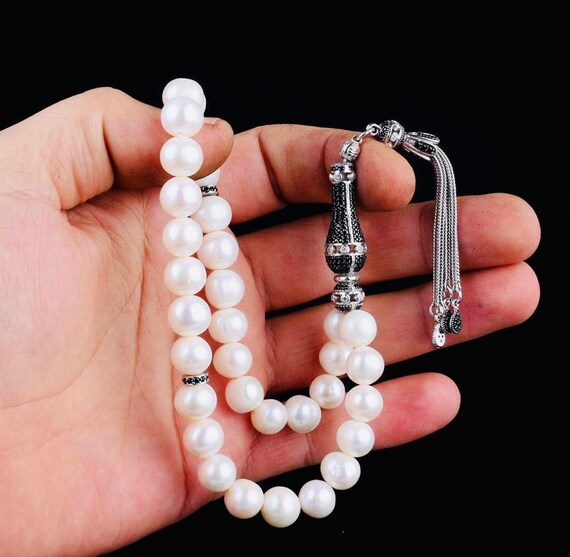 10 mm Natural Pearl Misbaha with Zircon Silver Tassel – Elegant Prayer Beads