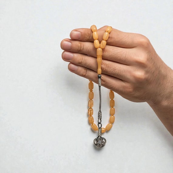 Handmade Compressed Amber Misbaha • 1000 Sterling Silver Kazaz Tassel