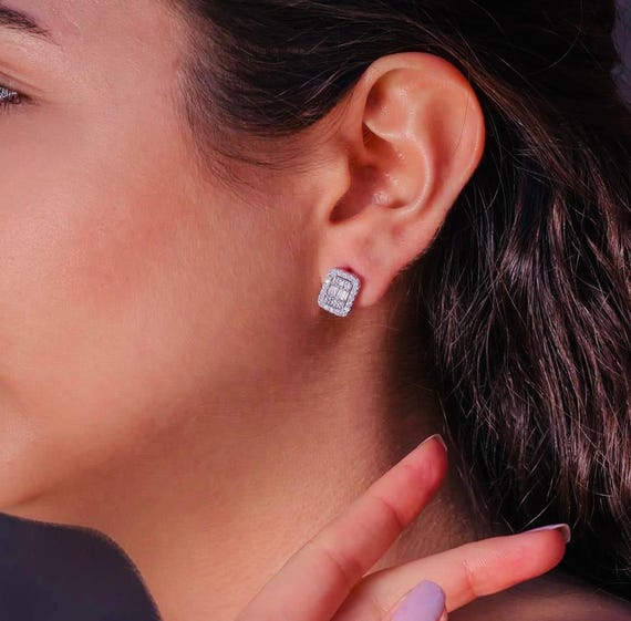 925 Sterling Silver J Hoop Earrings with Baguette Zircon – Rhodium Plated