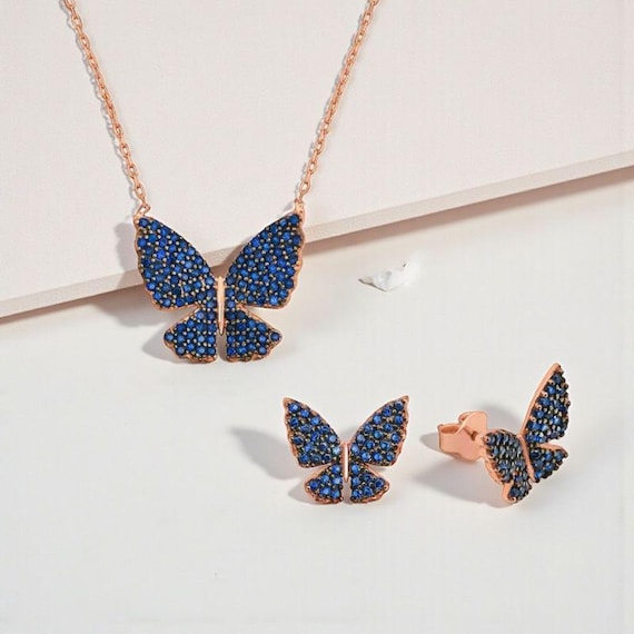 Blue Butterfly Jewelry Set for Women – 925 Sterling Silver Rose Gold Necklace & Earrings